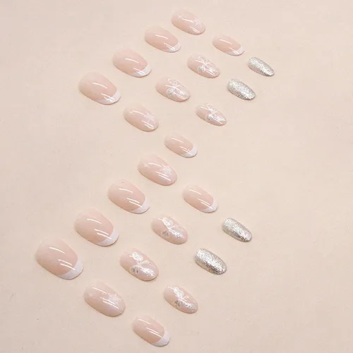 Miniatura 4 de 24 uñas postizas blancas francesas a presión cuadradas cortas – Uñas postizas de Navidad a presión, arco de copo de nieve, puntas de uñas postizas