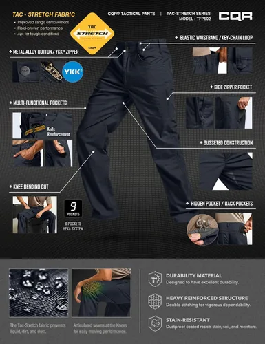 Miniatura 35 de CQR – Pantalones tácticos elásticos tipo cargo para hombre, resistentes al agua, de tela ripstop (antidesgarros), ligeros, ideales para uso diario