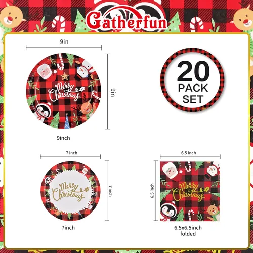 Miniatura 2 de Suministros de fiesta de Navidad Gatherfun Rojo y Negro Gingham con Papá Noel Muñeco de Nieve Platos de Papel Desechables para Cena y Postre