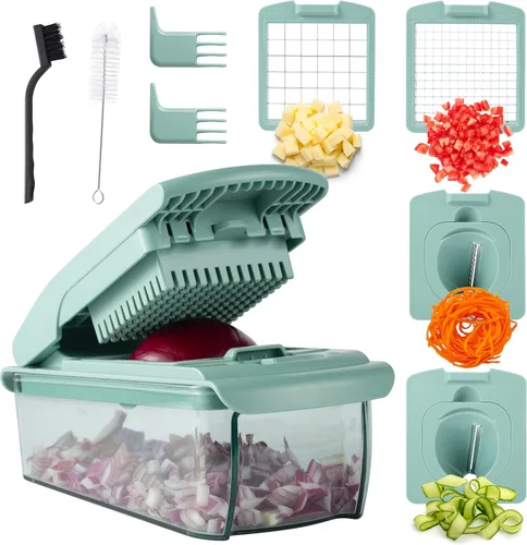 ook with Color - Picador multifuncional de verduras 11 en 1 con recipiente, picador de alimentos para picar, picar, rebanar, juliana y espiralizar,