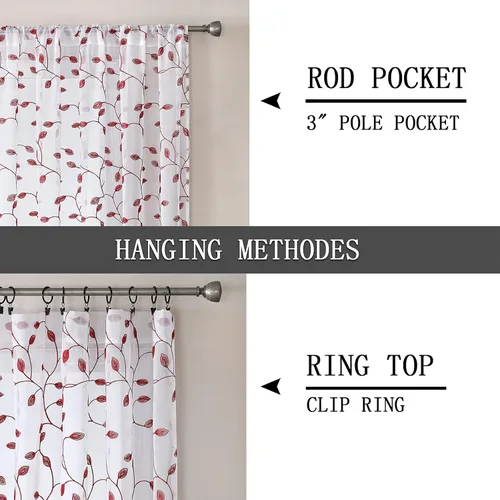 Miniatura 5 de Tollpiz - Cortinas cortas traslúcidas con hojas bordadas, de lino texturizado, para cocina, cortina de media longitud, con cortinero, de gasa