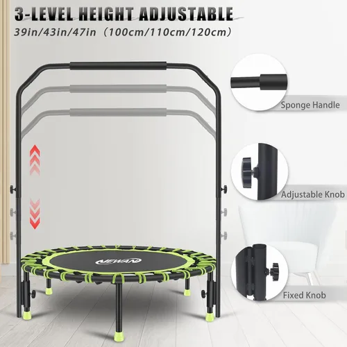 Miniatura 4 de Newan Mini trampolín silencioso de 40" con barra de mango ajustable, trampolín de fitness, reboteador bungee, entrenador de salto cardiovascular