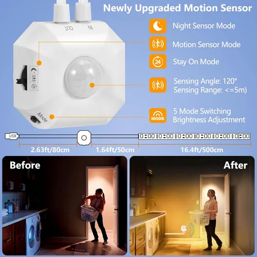 Miniatura 2 de Luz con sensor de movimiento para interiores debajo de la cama, tira de luces LED activadas por movimiento regulable de 16.4 pies para dormitorio