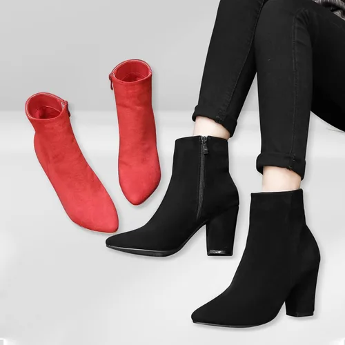 Miniatura 4 de Jiu du Botines de tacón alto para mujer, con puntera puntiaguda, con cremallera lateral, tacones altos, botas cortas