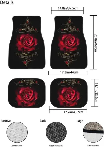 Miniatura 2 de Juego de 4 alfombrillas decorativas para automóvil, diseño floral de rosas rojas, diseño de flores y diseño de flores, alfombras decorativas