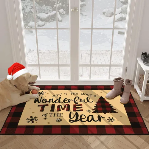 Miniatura 13 de U'Artlines Tapete de Navidad para puerta delantera, 32 x 48 pulgadas, vintage, de invierno, resistente a la suciedad, tapete de goma antideslizante