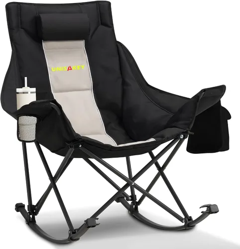 Miniatura 11 de Unisakey Silla mecedora de camping extra grande con reposacabezas y portavasos - Capacidad de 400lbs, tela Oxford 600D, silla mecedora portátil