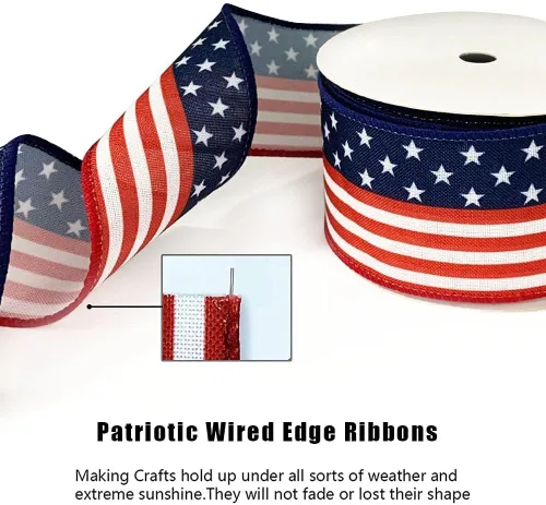 Miniatura 4 de Cintas patrióticas de bandera de Estados Unidos de 2.5 pulgadas x 10 yardas, cinta de arpillera con borde con alambre de estrellas y rayas