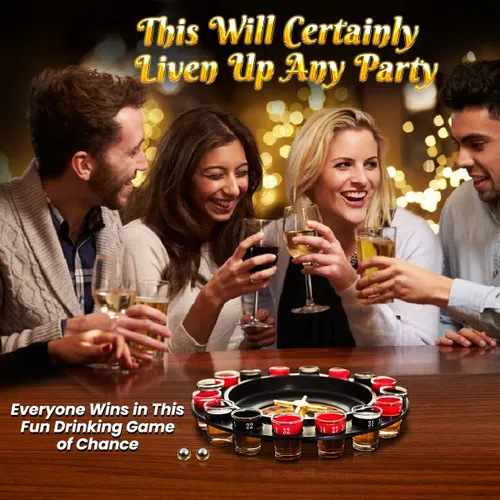 Miniatura 7 de Juego de Beber de Ruleta de Vidrio - Estilo Casino Con 2 Bolas y 16 Vasos