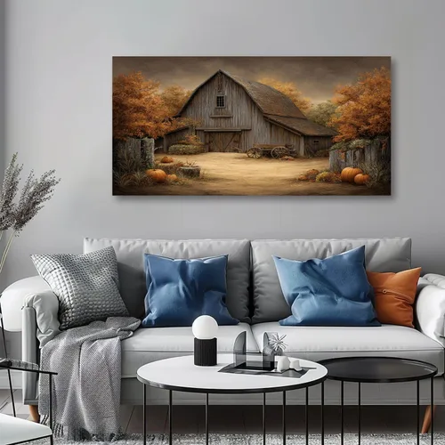 Miniatura 4 de Lienzo decorativo de 30 x 60 pulgadas, diseño de calabaza de otoño, decoración de baño, granero antiguo, otoño, cuadros enmarcados, pintura impresa