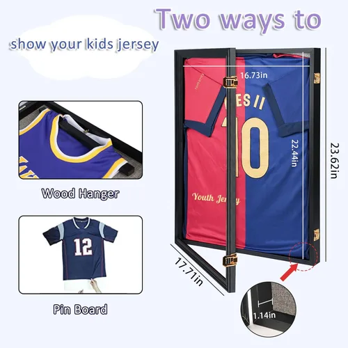 Miniatura 3 de Estuche de exhibición con marco de jersey, caja de sombra grande con cerradura, marco de jersey deportivo con protección UV acrílico y 2 colgadores
