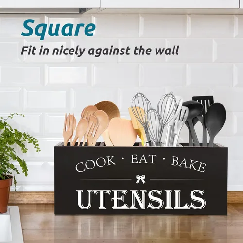 Miniatura 5 de Suli Soporte extra grande para utensilios de cocina con 4 compartimentos, organizador de utensilios de madera para encimera de cocina, decoración