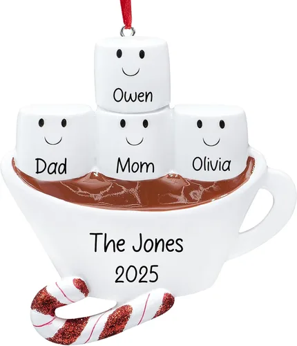 Miniatura 13 de Adorno de Navidad personalizado de la familia de 6 de chocolate caliente 2026 Malvaviscos personalizados en taza de cacao con bastón de caramelo