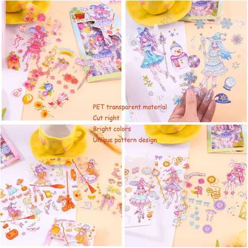 Miniatura 3 de 48 Hojas de Calcomanías de Chica de Dibujos Animados - Kawaii PET Transparente Papelería de Diario Calendario DIY Personas Mágicas Calcomanía 12