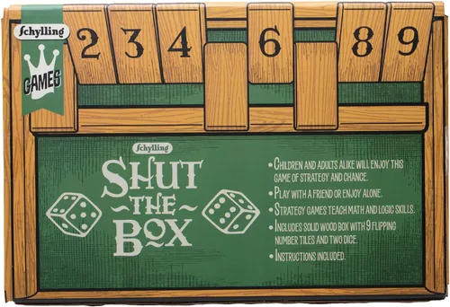 Miniatura 5 de Schylling Shut the Box - Juego familiar de estrategia y azar - Incluye caja de juego de madera coleccionable, fondo de fieltro, dados redondeados e