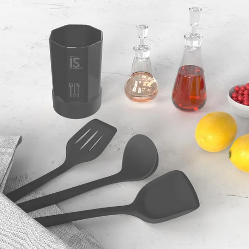 Miniatura 6 de AOTHOD Juego de utensilios de cocina de silicona, resistentes al calor de 446 °F, juegos de espátula, pinzas giratorias, cuchara, utensilios de Gris