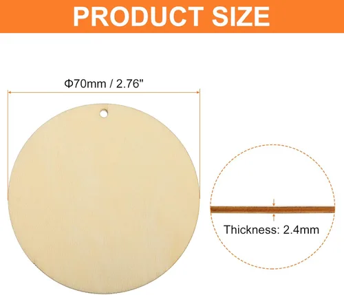 Miniatura 2 de uxcell 20 unidades de círculos redondos de madera sin terminar de 2.756 in (2.8 pulgadas) con agujeros, discos redondos de madera, etiquetas