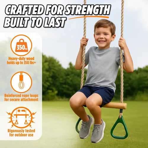 Miniatura 7 de Barra de trapecio de trapecio de madera para niños - 45,7 cm de altura ajustable Barras de mono con anillos de juego conjunto de columpio - Carrera