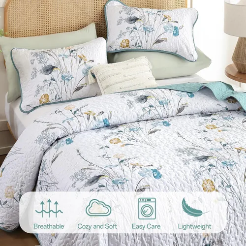 Miniatura 5 de WONGS BEDDING Juego de edredón floral verde azulado, tamaño Queen, juego de colcha de 3 piezas con patrón de plantas botánicas con 2 fundas