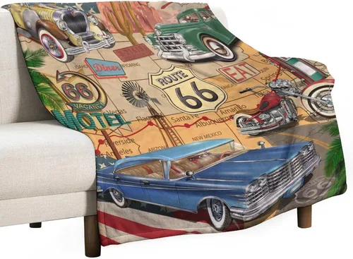 Miniatura 80 de Manta de motocicleta antigua, rústica y clásica, con temática de auto clásico, ruta de EE. UU., 66, patrón impreso, manta de franela súper suave