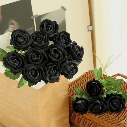 Miniatura 2 de 12 rosas artificiales de terciopelo sintético para decoración del hogar y boda (rosa perla, negro)