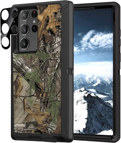 Funda compatible con Samsung Galaxy S22 Ultra para hombres y niños, funda de camuflaje con protector de lente de cámara resistente [protección de