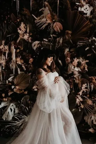 Miniatura 5 de SUOLUOS Vestidos de maternidad de tul perlado para sesión de fotos, hombros descubiertos, lencería nupcial, vestidos de embarazo para baby shower