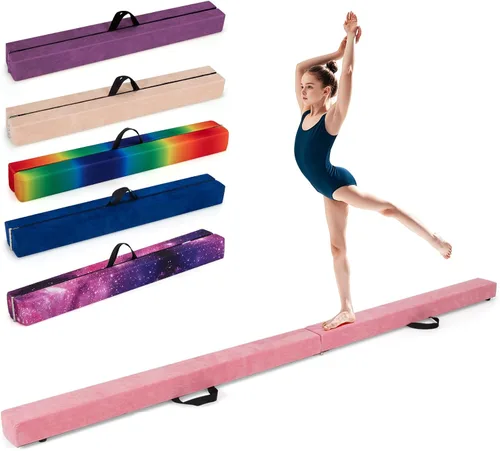 Miniatura 19 de Giantex Haz de equilibrio de 7/8/9 pies, haz de gimnasia plegable con asas de transporte, base de goma antideslizante para niños, haz de gimnasia