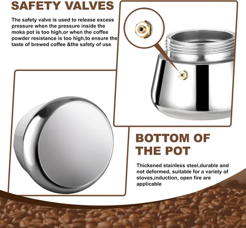 Miniatura 8 de olla de 6 tazas para preparar espresso en la estufa, cafetera moka de acero inoxidable, percolador para estufa, cafetera italiana, capaz de preparar