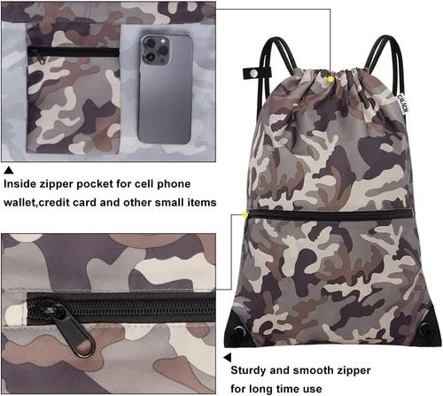 Miniatura 4 de CALACH Mochila deportiva con cordón, bolsa de gimnasio para yoga, viajes, para mujeres y hombres, tamaño grande con bolsillos con cremallera, MARRÓN