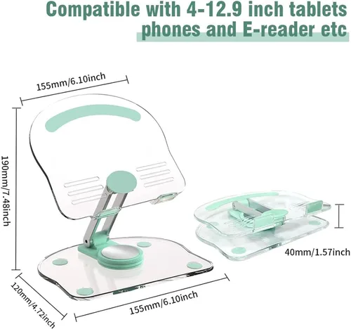 Miniatura 2 de Soporte acrílico para tablet con base giratoria de 360°, soporte plegable ajustable transparente para escritorio, oficina en casa, compatible