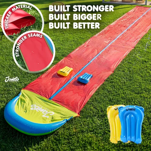 Miniatura 5 de JAMBO 7.3 metros XL Tobogán, Resbaladilla y Aspersor y 2 Tablas de Bodyboard, Tobogán de Agua para Césped de Alta Resistencia, Juguete de Agua
