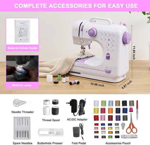 Miniatura 7 de Máquina de coser para principiantes y niños, mini máquinas de coser portátiles con 12 patrones de puntada incorporados, pedal de pie de 2