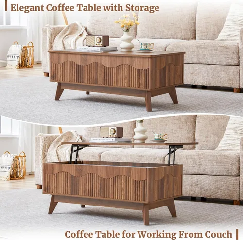 Miniatura 8 de BERRYMERRY Mesa de centro elevable con almacenamiento oculto, mesa de centro acanalada de granja con perfil ondulado, mesa central rectangular