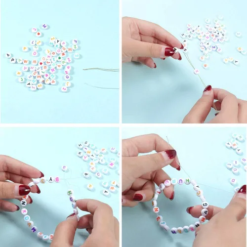 Miniatura 3 de 1400 piezas de cuentas acrílicas redondas blancas de letras del alfabeto de 4x7mm con patrón de corazón A-Z y línea de cristal para hacer joyas