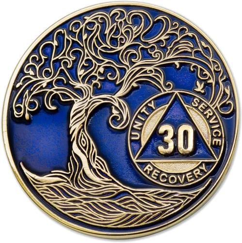 Miniatura 55 de 20 Year Sobriety Mint Twisted Tree of Life - Medallón de recuperación AA chapado en oro, fichas y fichas, color negro