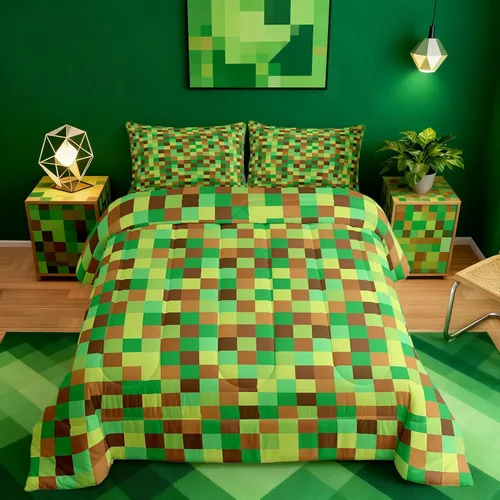 Miniatura 23 de Pixelated Miners - Juego de edredón para niños, tamaño individual, juego de ropa de cama de videojuegos a cuadros geométricos para adolescentes