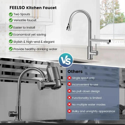Miniatura 5 de FEELSO Grifos de cocina, grifo de cocina con filtro de agua mejorado con rociador desplegable, acero inoxidable níquel cepillado arco alto grifo