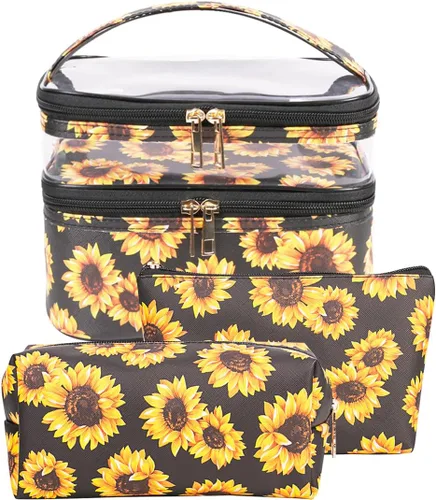 Miniatura 10 de FITINI 3 piezas de bolsas de maquillaje de doble capa, organizador de grandes estuches de cosméticos de viaje, bolsas de aseo impermeables, pequeña