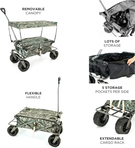 Miniatura 8 de Cochecito creativo para exteriores, carrito de playa XXL Deluxe con toldo, carrito plegable plegable y portátil, soporta hasta 200 libras de Ejército
