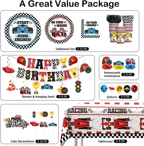 Miniatura 3 de Juego todo en uno de 195 piezas de decoración de fiesta de cumpleaños de coche de carreras, juego de platos y servilletas con pancarta, telón