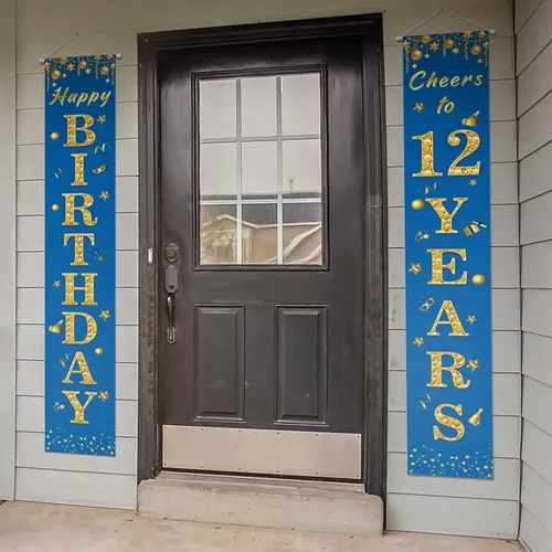 Miniatura 3 de Cartel de feliz cumpleaños número 12 para porche, decoración azul – Decoración temática de fiesta de bienvenida a los 12 años para niños y niñas