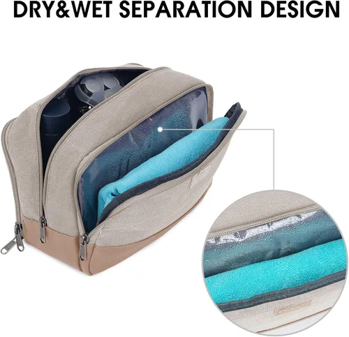 Miniatura 3 de WANDF Bolsa de Aseo de Viaje para Hombres Kit Dopp Grande Bolsa de Aseo y Afeitado Resistente al Agua Bolsa Colgante Accesorios de Viaje para Beige