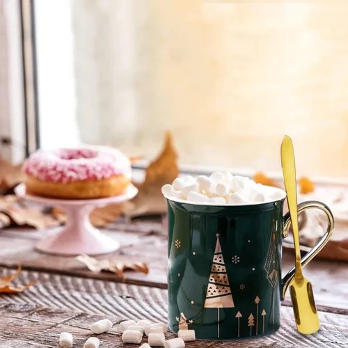 Miniatura 3 de Juego de tazas de café navideñas con mango dorado, cuchara, tapa, elegante taza de agua decorativa de cerámica para mujeres y niñas, taza