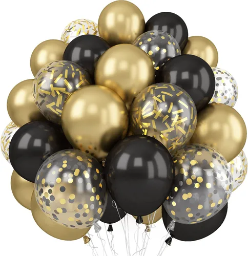 Globos negros dorados, paquete de 60 globos de látex de 12 pulgadas negros metálicos cromados dorados con globo de confeti dorado para hombres,