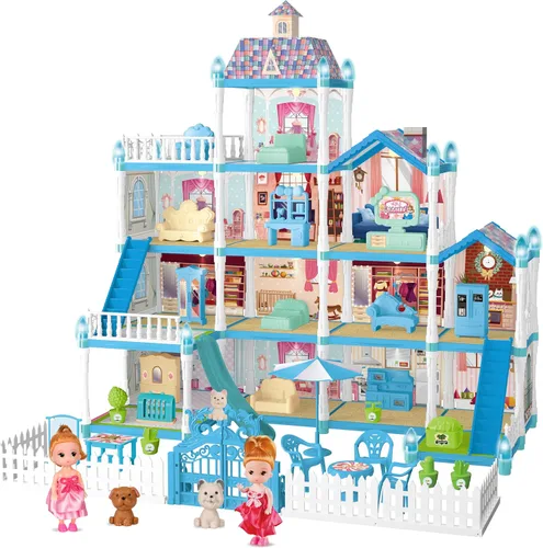 Seifar Juego de casa de muñecas para niños y niñas, 4 pisos, 13 habitaciones, 2 muñecas y 2 cachorros, muebles y accesorios para niñas de 5, 6, 7, 8