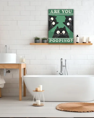 Miniatura 5 de UPWOIGH Decoración artística para pared de baño, arte divertido de pared con diseño de gato negro Are You Pooping, lienzo enmarcado de madera