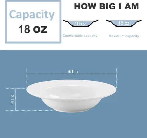 Miniatura 2 de Buyajuju Juego de 4 platos de sopa redondos de porcelana, cuencos para pasta, cuencos clásicos de sopa profunda, cuencos con borde de cerámica, 9.1