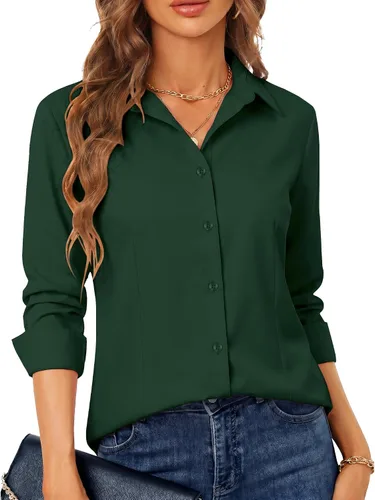 Miniatura 8 de BBIBBI Camisa de vestir elástica de manga larga con botones para mujer, blusa de trabajo casual de negocios (clásica, recortada y alta)