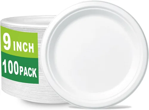 CantaGreen Platos compostables de 9 pulgadas, 100 unidades de caña de azúcar/bagazo y fibra de bambú biodegradable plato de papel desechable